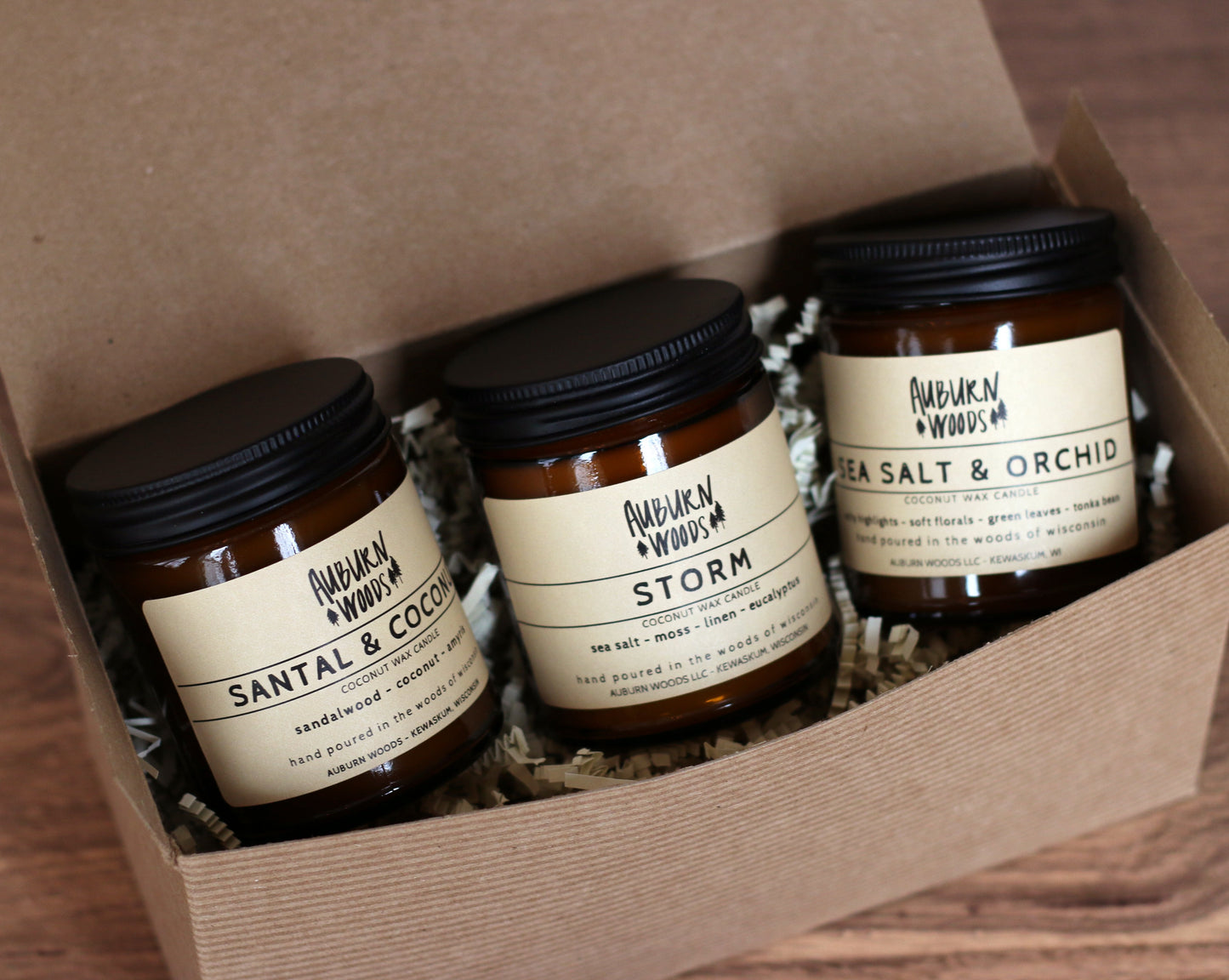 Land & Sea Trio is a set of 3 candles. Santal & Coconut, Storm, and Sea Salt & Orchid. Made with coconut wax and clean burning fragrance. Made in wisconsin.