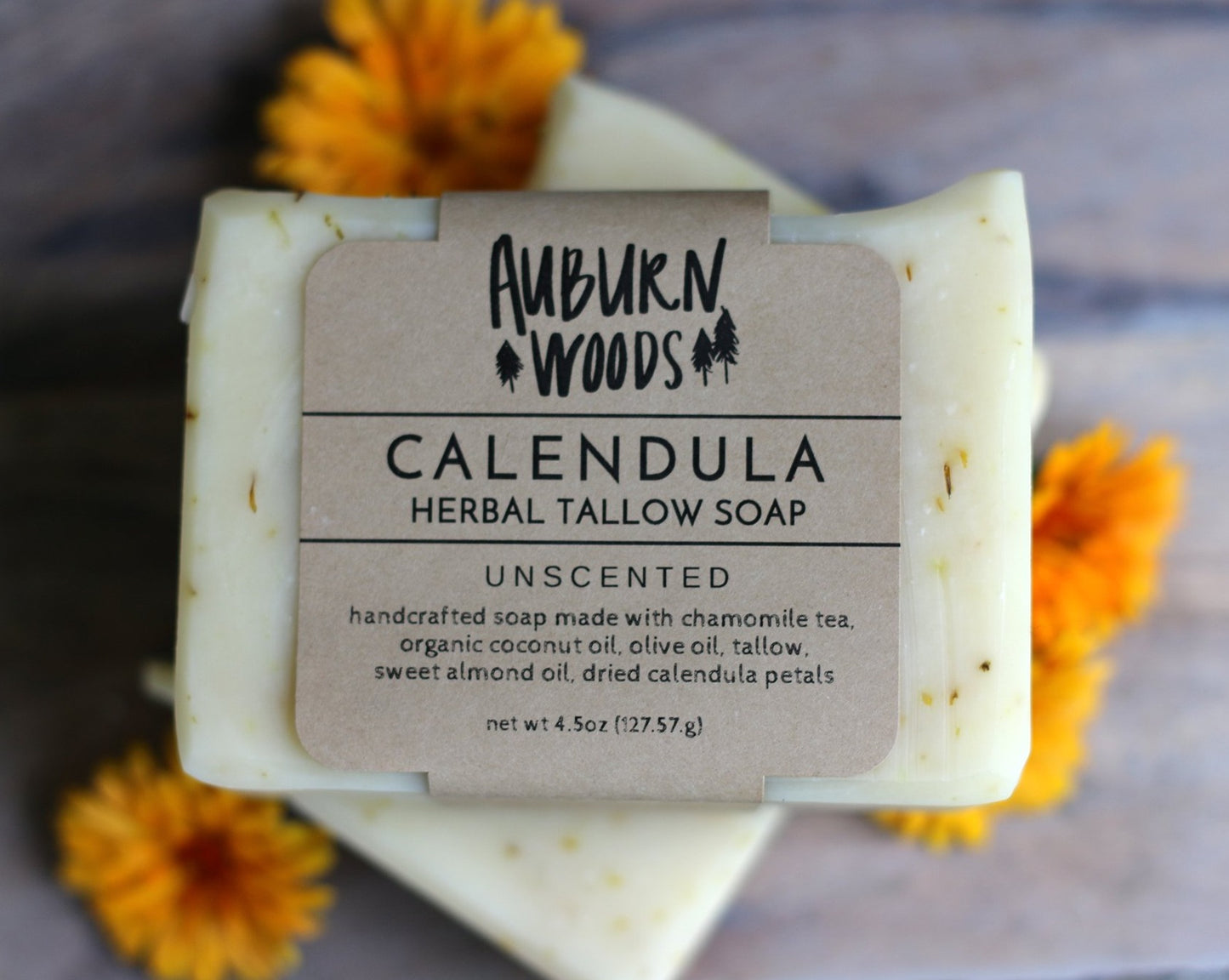 Calendula Herbal Tallow Soap is handcrafted with chamomile tea, calendula infused olive oil, organic coconut oil, tallow, sweet almond oil, and calendula petals. Unscented bar 4.5oz